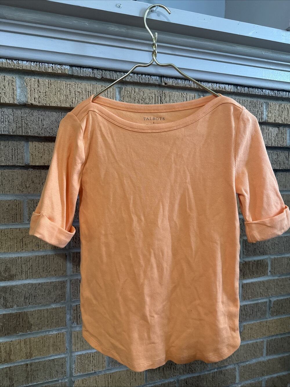 Talbots Shirt Women’s Small Orange Ribbed Elbow Sleeve Ribbed Top Casual Preppy